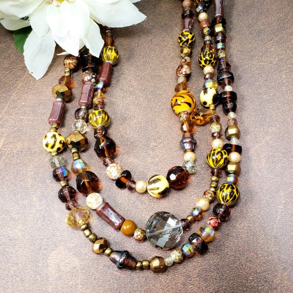 Glass bead brown and yellow multi-tone necklace - Picture 6 of 6